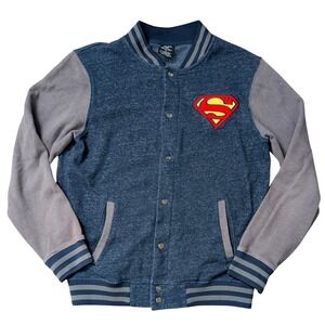 DC Comics Superman Jacket Men Small Blue Gray Varsity Patch Snap Button Sports